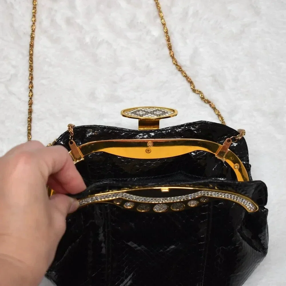 Vintage Snakeskin Shoulder Bag Clutch Crystals Party Cocktail Party 80s Black